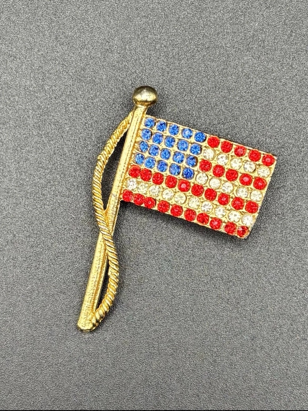 Vintage Gold-tone American Flag Rhinestone Pin - Red, White & Blue